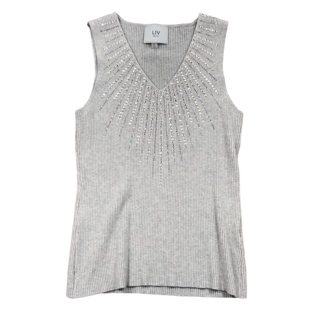 Liv Milano Italian Rayon Blend Ribbed Sleeveless V-Neck Rhinestone Top
